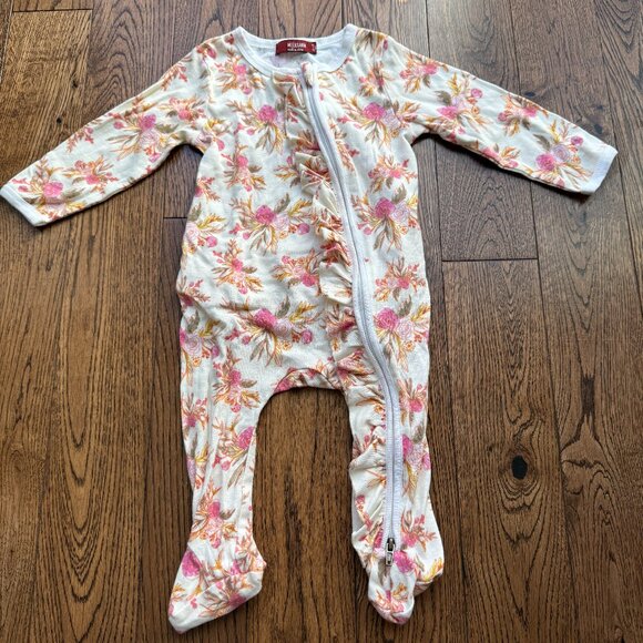 Milkbarn Vintage Floral Organic Cotton Ruffle Zipper Footed Romper 6-9 Months - Picture 1 of 12